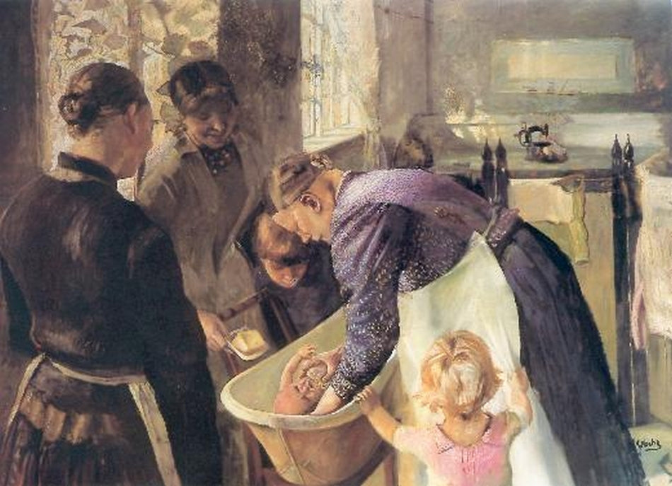 Bathing the Baby , vintage artwork by Christian Krohg, 12x8" (A4) Poster