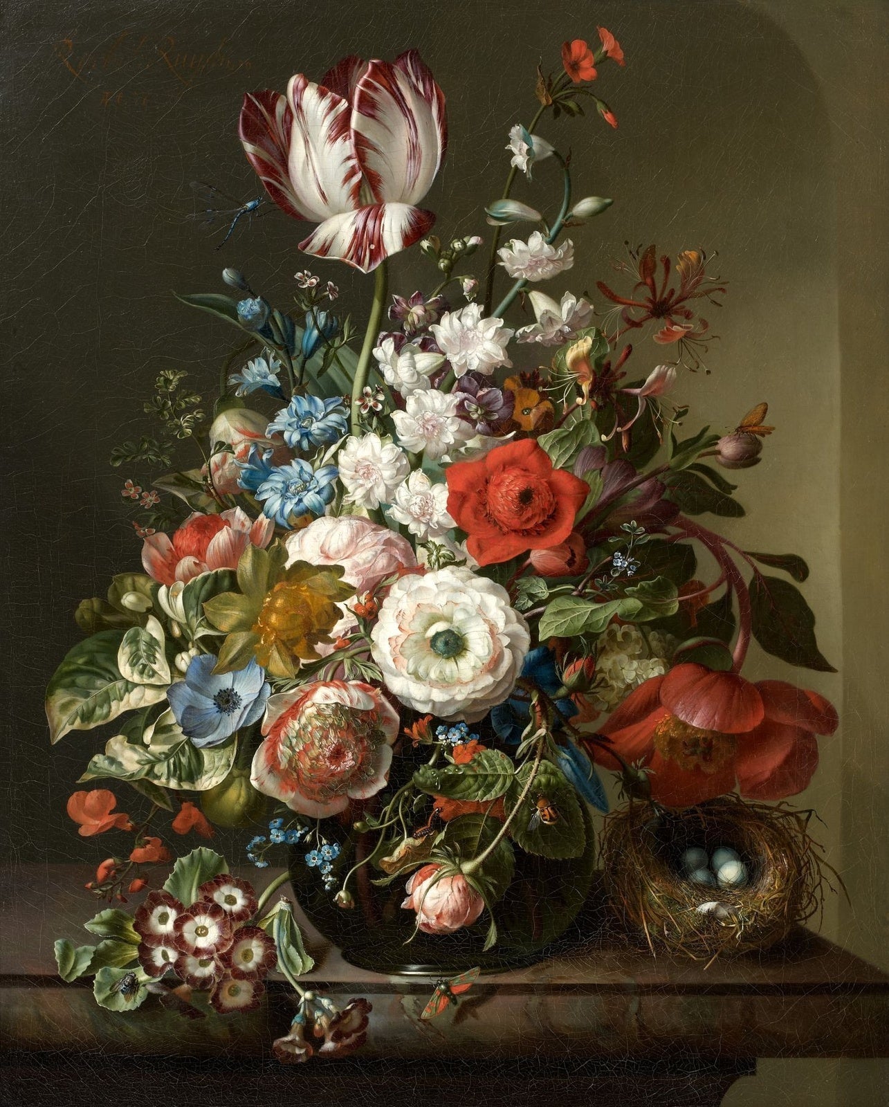 Vase of flowers on an entablature, nest and insects, vintage artwork by Rachel Ruysch, 12x8" (A4) Poster