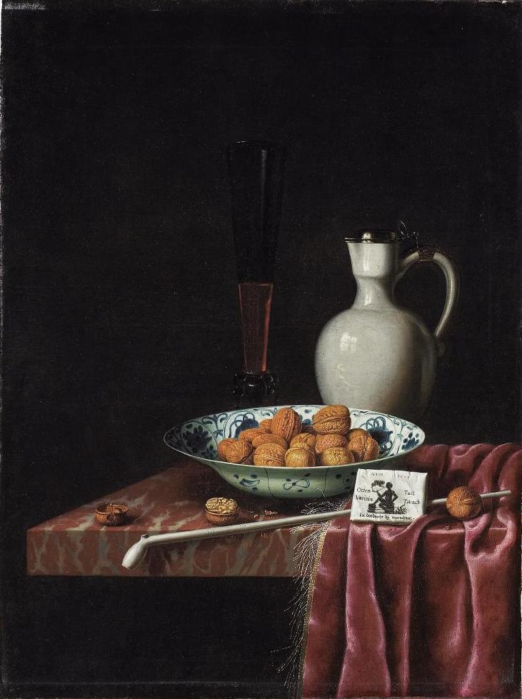 Still Life with Walnuts, Tobacco and Wine, vintage artwork by Hubert van Ravesteyn, 12x8" (A4) Poster