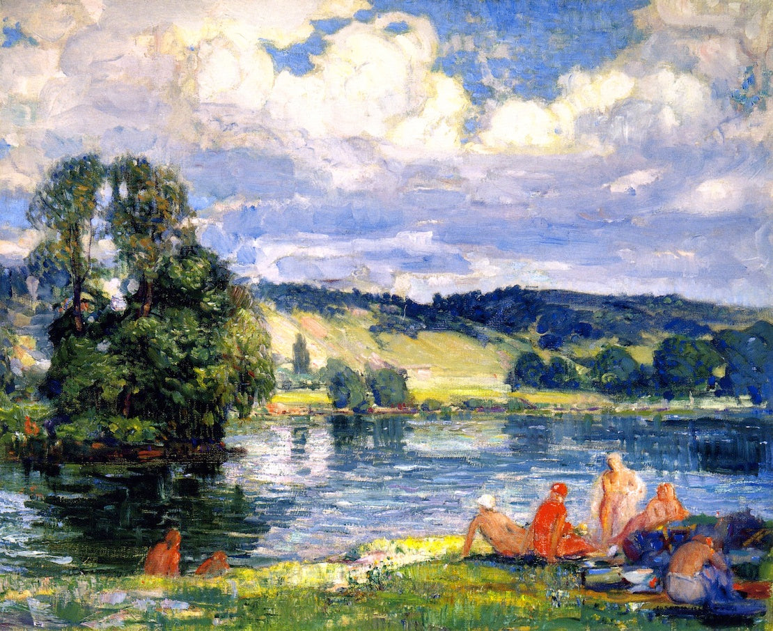 Bathers along the Seine, Vernon, France, vintage artwork by Joseph Kleitsch, 12x8" (A4) Poster