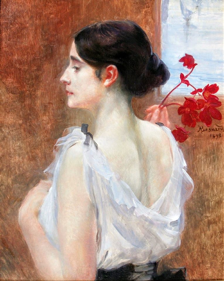 Jeune femme à la branche fleurie, vintage artwork by Paul Albert Besnard, 12x8" (A4) Poster