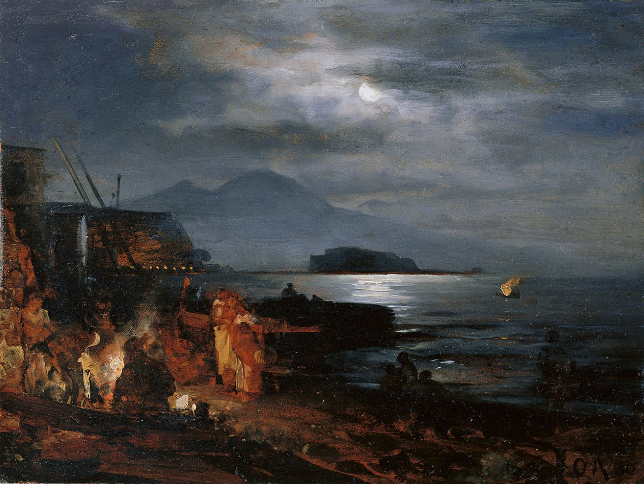 Moonlit Night at the Gulf of Naples, vintage artwork by Oswald Achenbach, 12x8" (A4) Poster