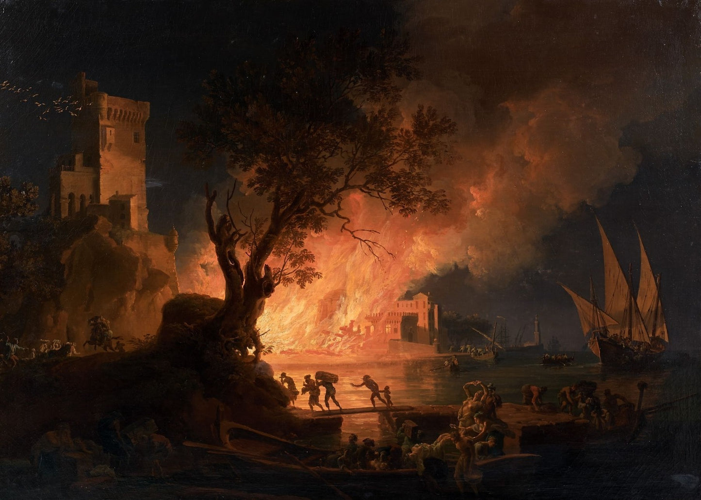 Fire in a harbor around Naples, vintage artwork by Pierre-Jacques Volaire, 12x8" (A4) Poster