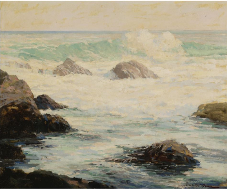 Waves Crashing Against Rocks, vintage artwork by Konstantin Westchilov, 12x8" (A4) Poster