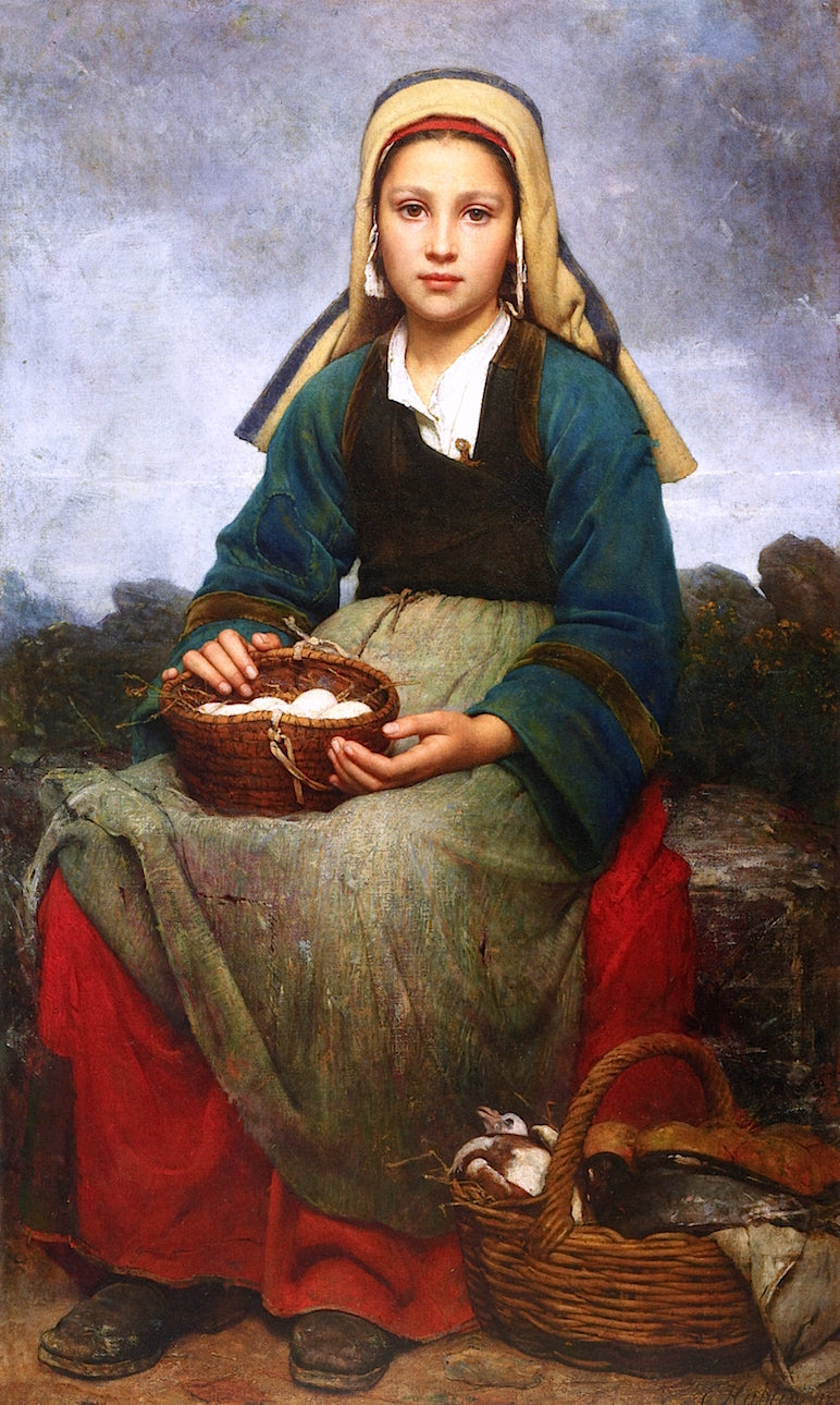 A Young Girl Holding a Basket of Eggs, vintage artwork by Emile Auguste Hublin, 12x8" (A4) Poster