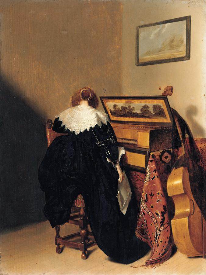 A Lady Seated at a Virginal, vintage artwork by Pieter Codde, 12x8" (A4) Poster
