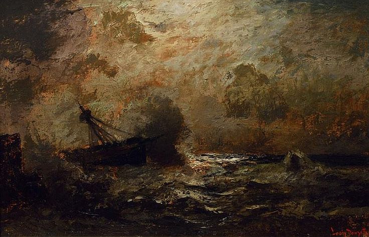 Moonlit stormy seas, vintage artwork by Louis Douzette, 12x8" (A4) Poster