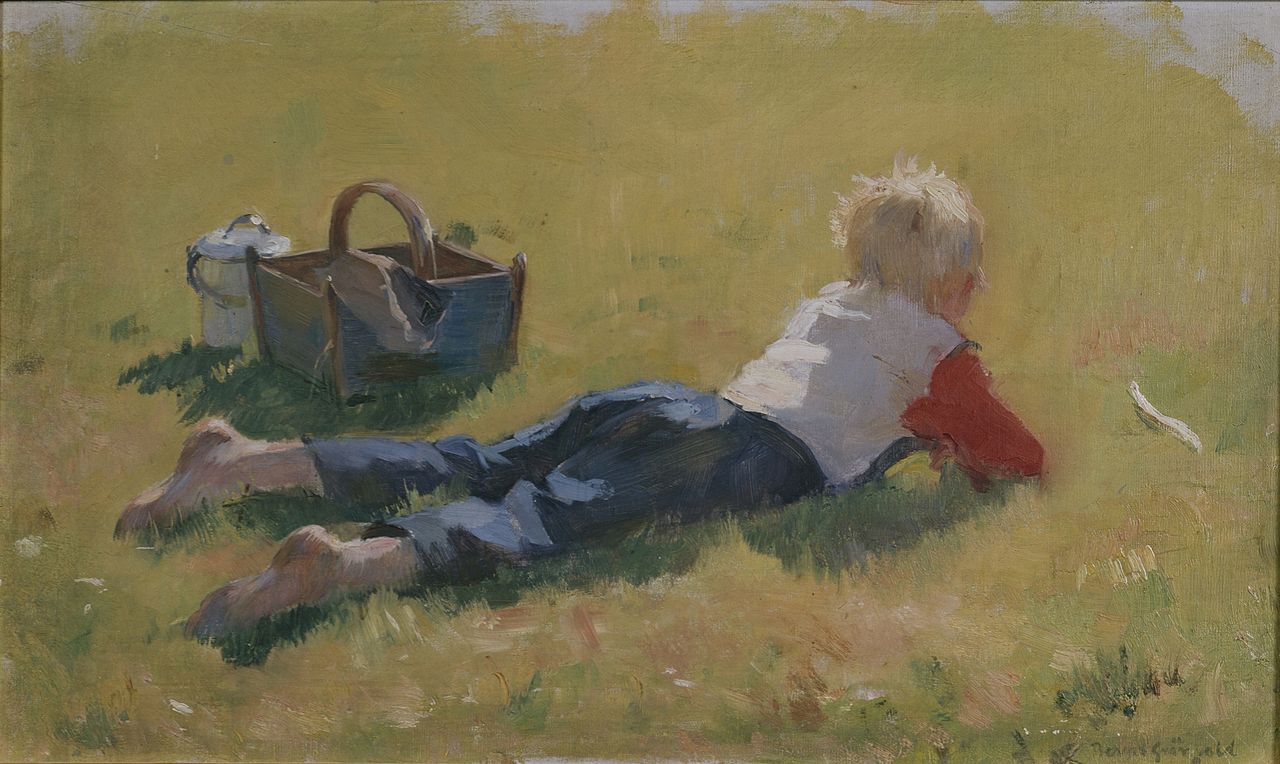 Little Child in the Grass, vintage artwork by Bernt Gronvold, 12x8" (A4) Poster