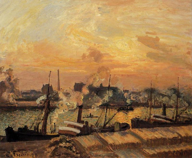 Boats, Sunset, Rouen, vintage artwork by Camille Pissarro, 12x8" (A4) Poster