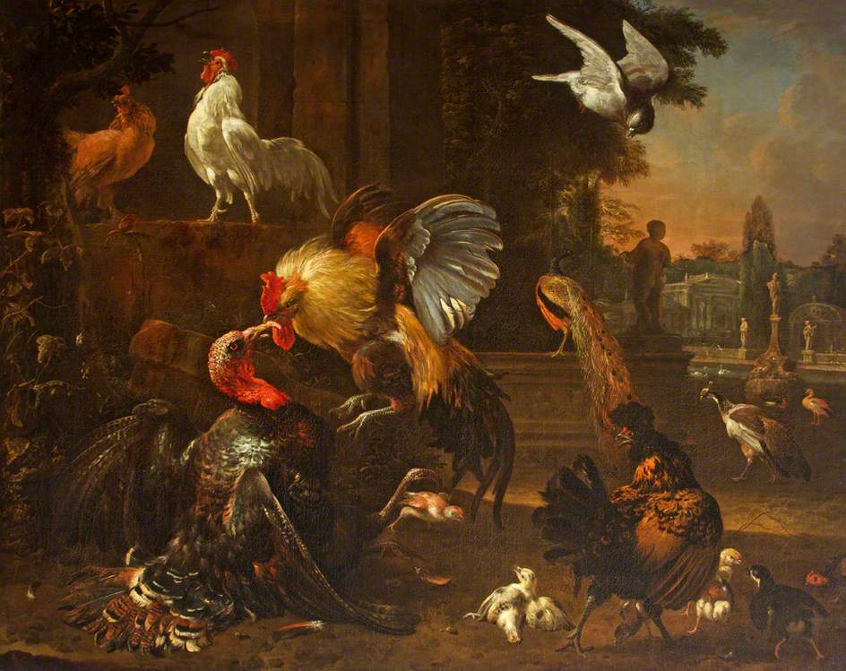 A Cock and a Turkey Fighting with other Fowl, vintage artwork by Melchior d'Hondecoeter, 12x8" (A4) Poster