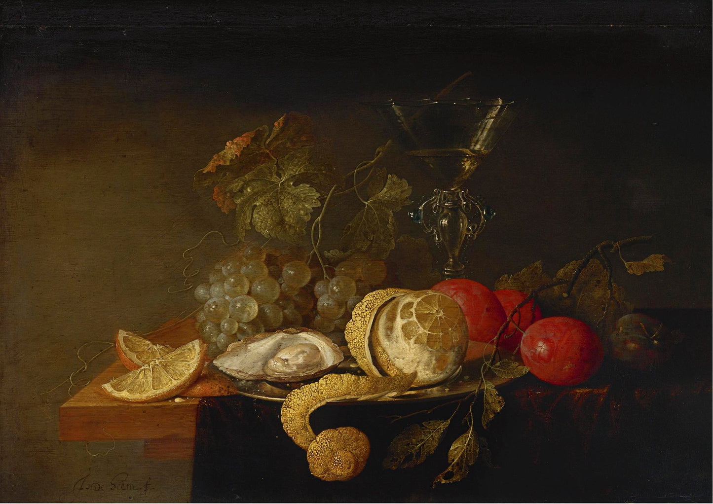 Still Life with a Peeled Lemon, Orange Slices, an Oyster, Plums, etc., vintage artwork by Jan Davidsz. de Heem, 12x8" (A4) Poster