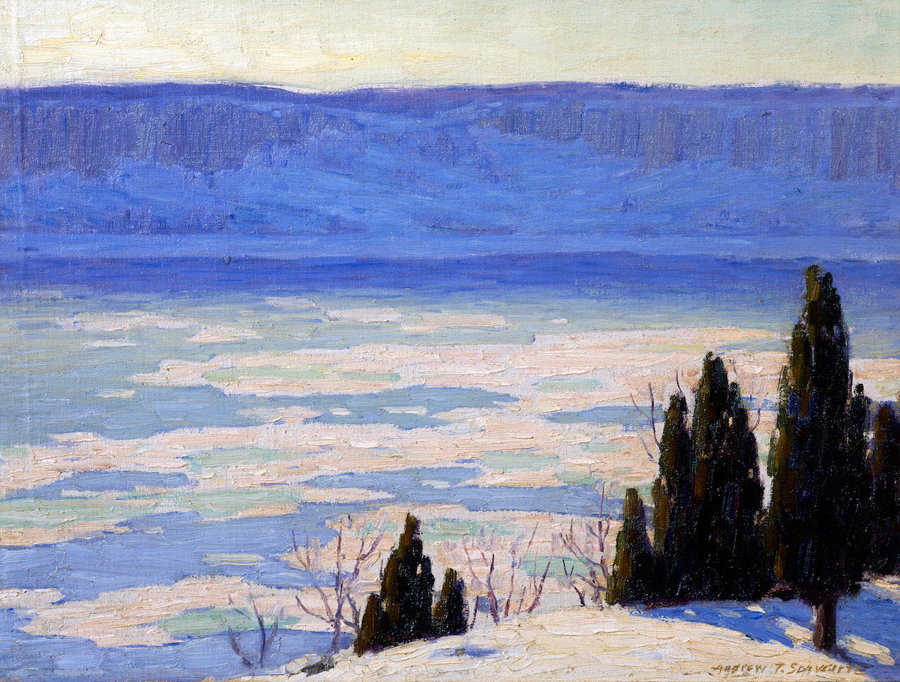 Palisades in Winter, vintage artwork by Andrew Thomas Schwartz, 12x8" (A4) Poster