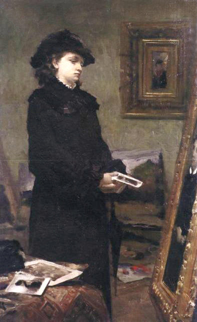 Portrait of a young woman in the studio of the painter, vintage artwork by Leon Jan Wyczolkowski, 12x8" (A4) Poster