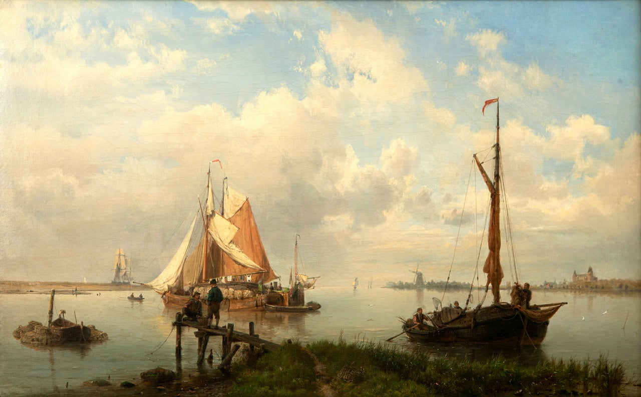 River Landscape with Fishing Boats, vintage artwork by Hermanus Koekkoek The Elder, A3 (16x12") Poster Print
