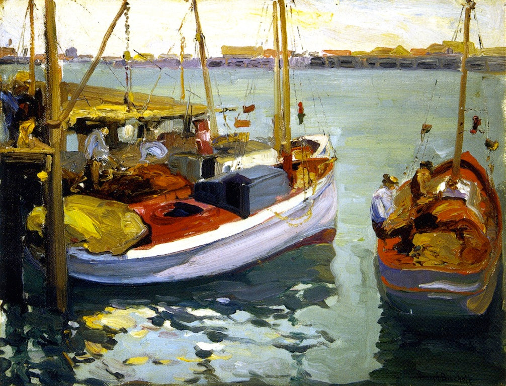 Fishing Boats, L. A. Harbor, vintage artwork by Franz Bischoff, 12x8" (A4) Poster