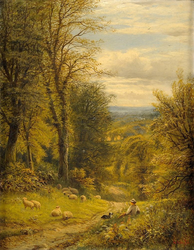 Wooded Landscape with Shepherd, vintage artwork by Alfred Augustus Glendening Sr., 12x8" (A4) Poster