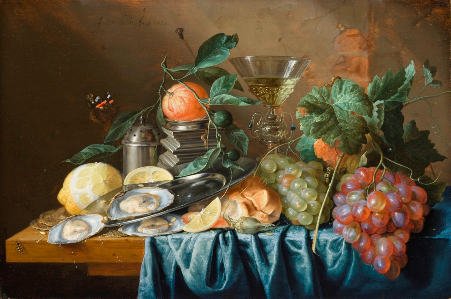 Still Life with Oysters and Grapes, vintage artwork by Jan Davidsz. de Heem, 12x8" (A4) Poster