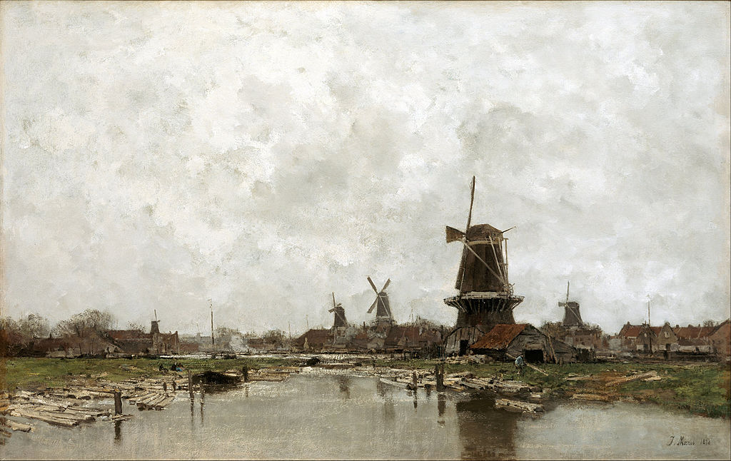 The Five Windmills, vintage artwork by Jacob Maris, 12x8" (A4) Poster