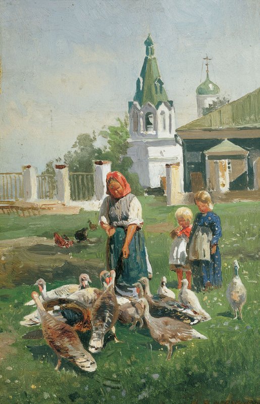 Feeding the Turkeys, vintage artwork by Nikolai Makovsky, 12x8" (A4) Poster