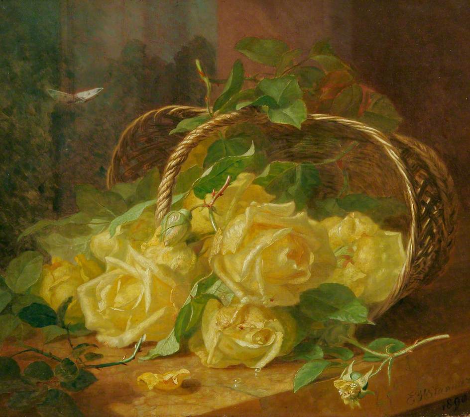 Still Life of Yellow Roses in an Upturned Basket, vintage artwork by Eloise Harriet Stannard, 12x8" (A4) Poster