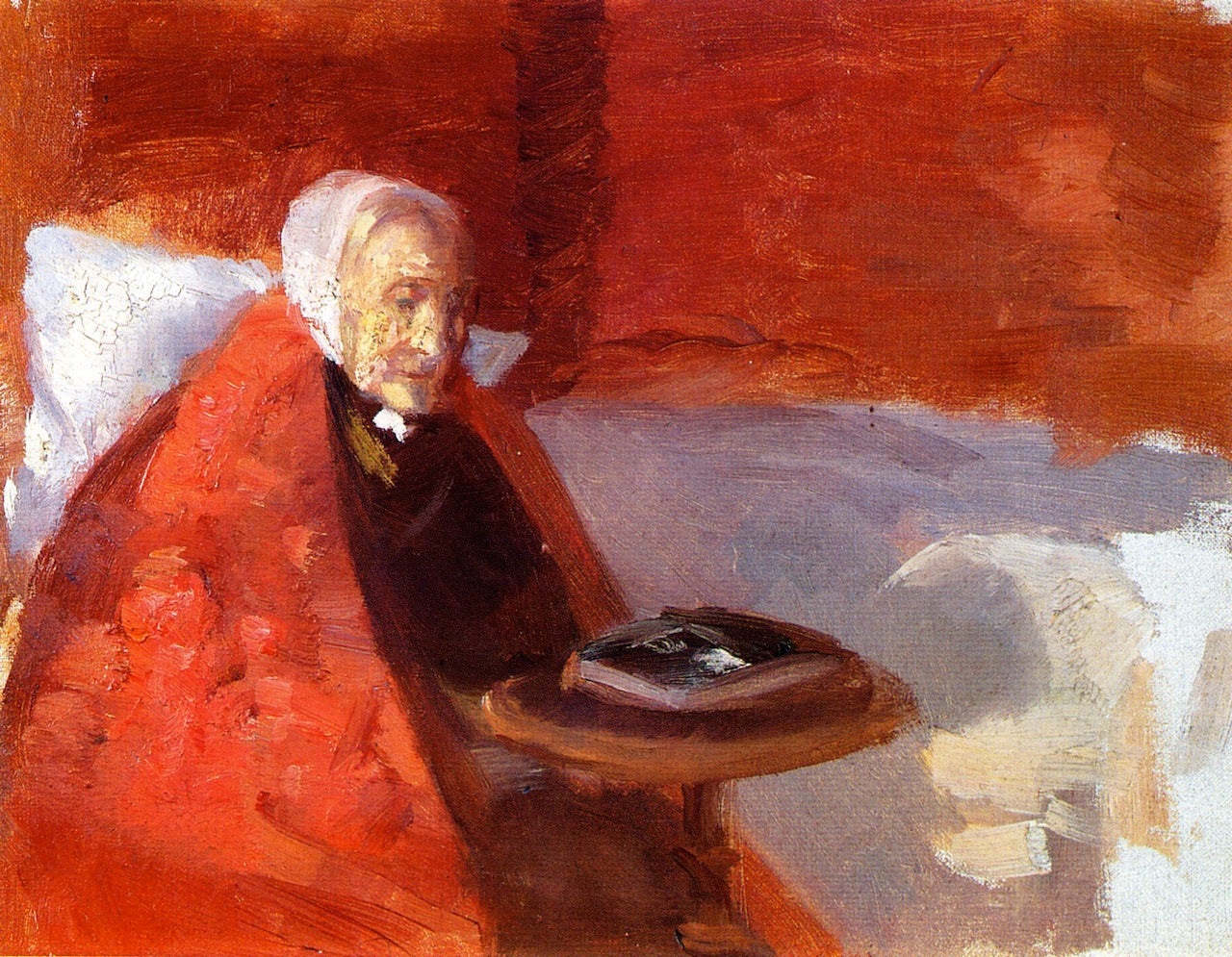 Ane Hedvig Brøndum in a Red Room, vintage artwork by Anna Ancher, 12x8" (A4) Poster