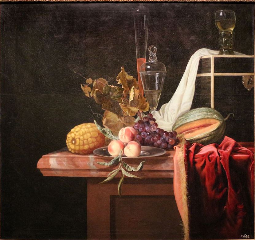 Still Life with Fruit and Glasses, vintage artwork by Hendrik de Fromantiou, 12x8" (A4) Poster