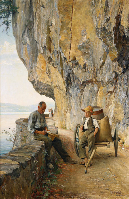 Boy and man on mountain road, vintage artwork by Axel Jungstedt, 12x8" (A4) Poster