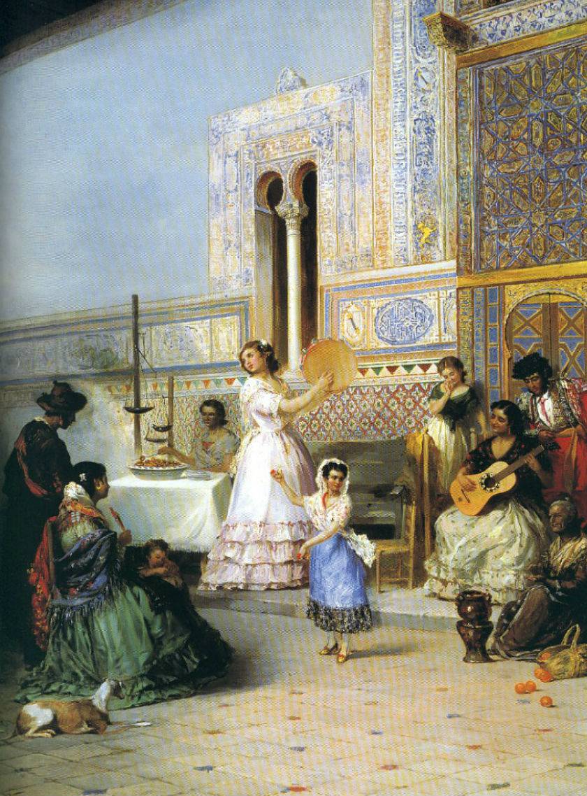 Genre Scene at the Alcazar of Seville, vintage artwork by Manuel Wssel de Giumbarda, 12x8" (A4) Poster