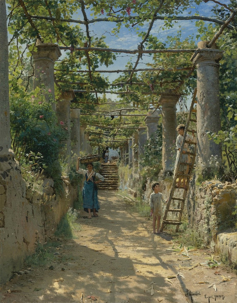 In the Shadow of an Italian Pergola, vintage artwork by Peder Mork Mønsted, 12x8" (A4) Poster
