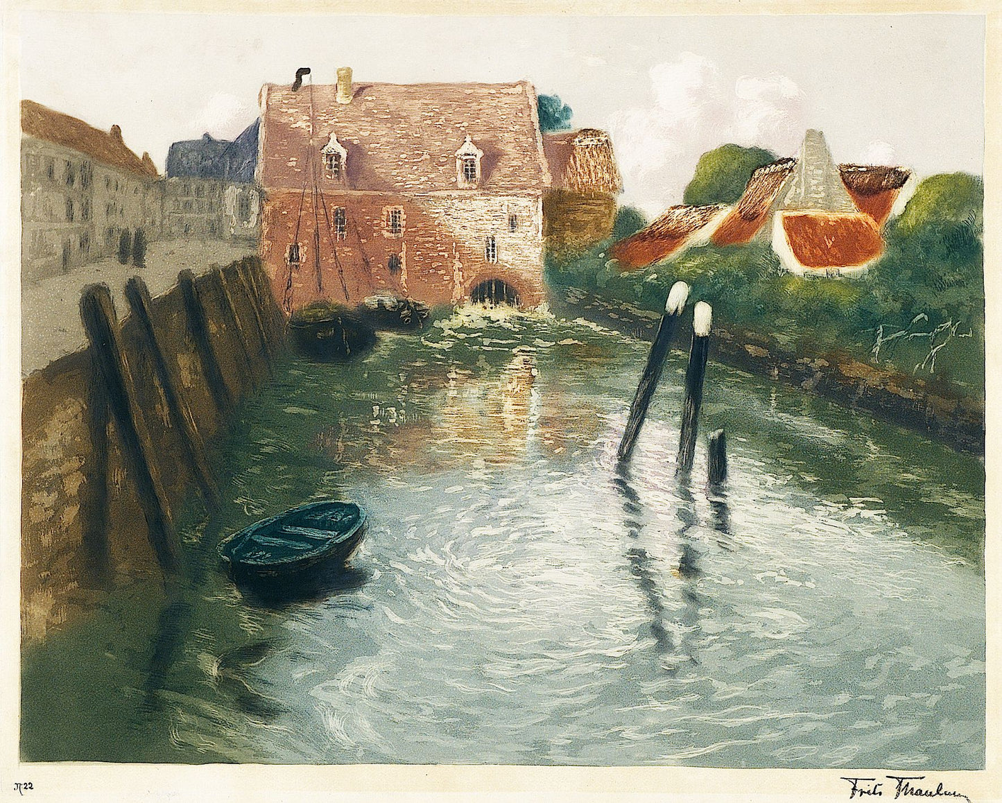 Canal with Watermill, vintage artwork by Fritz Thaulow, 12x8" (A4) Poster