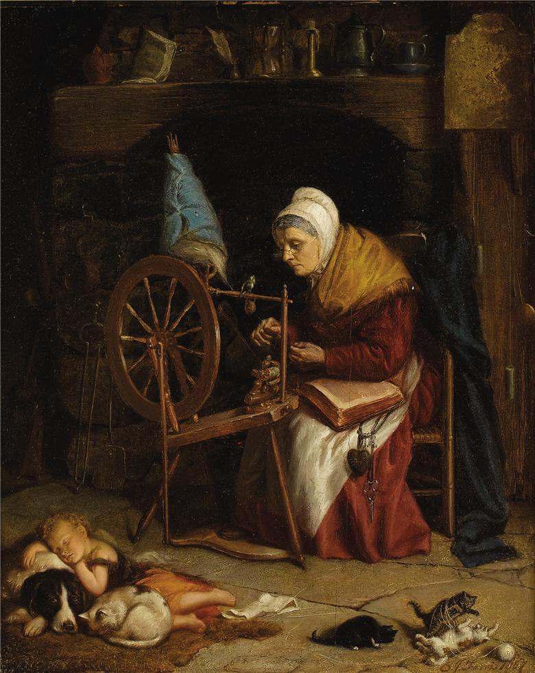 Grandma's Spinning Wheel, vintage artwork by Stephen James Ferris, 12x8" (A4) Poster
