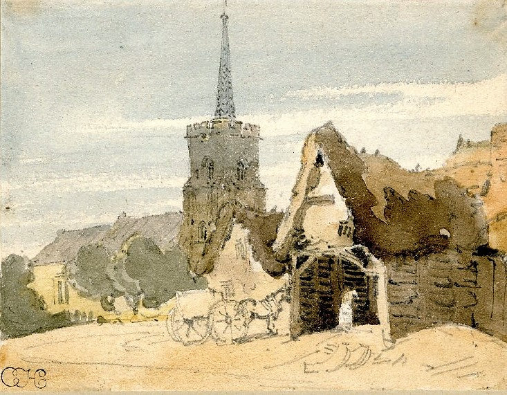 Church in a village, vintage artwork by Thomas Girtin, 12x8" (A4) Poster