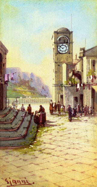 Town Square, Capri, vintage artwork by Girolamo Gianni, 12x8" (A4) Poster
