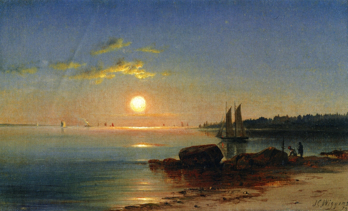 Moonlight on the Long Island Sound, vintage artwork by John Carleton Wiggins, 12x8" (A4) Poster