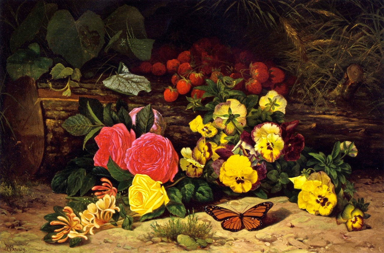 Monarch with Pansies and Fruits, vintage artwork by William Mason Brown, 12x8" (A4) Poster