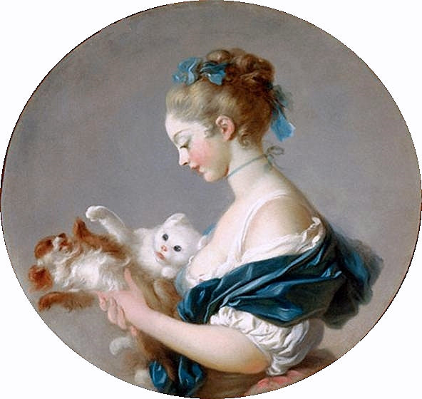 Girl Playing with a Dog and a Cat, vintage artwork by Jean-Honore Fragonard, 12x8" (A4) Poster