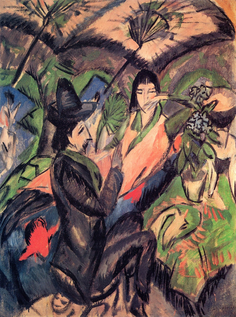 Couple under a Japanese Umbrella, vintage artwork by Ernst Ludwig Kirchner, 12x8" (A4) Poster