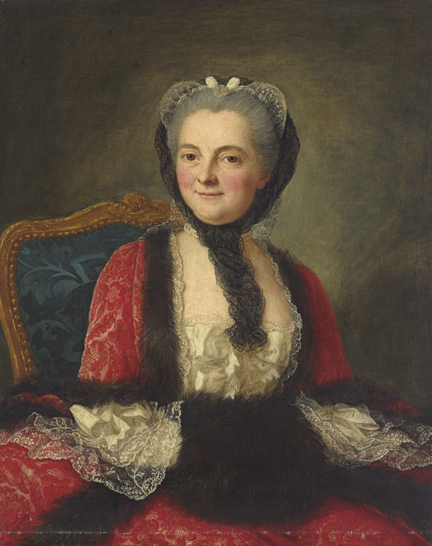 Portrait of a woman in a red dress with a black muff, vintage artwork by Marianne Loir, 12x8" (A4) Poster