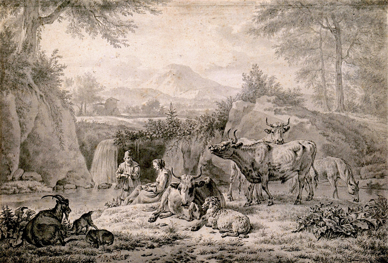 Pastoral Scene at a Waterfall, vintage artwork by Adriaen van de Velde, 12x8" (A4) Poster