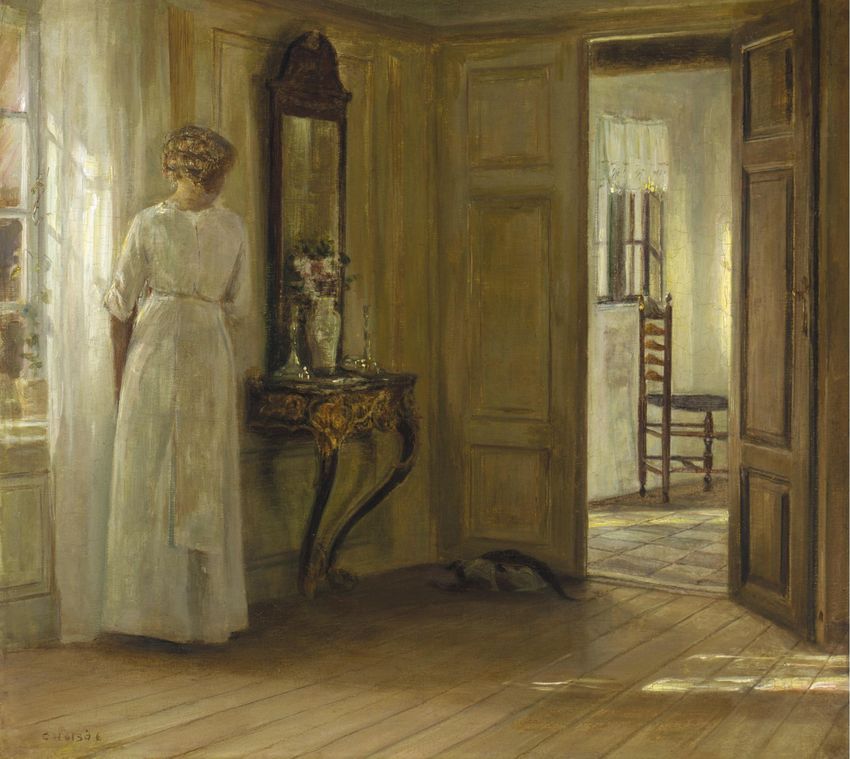 Interior with a Lady and a Cat, vintage artwork by Carl Vilhelm Holsøe, 12x8" (A4) Poster