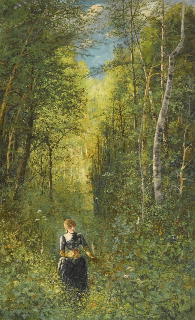 Girl Gathering Flowers in the Woods, vintage artwork by Viktor Mikhaylovich Vasnetsov, 12x8" (A4) Poster