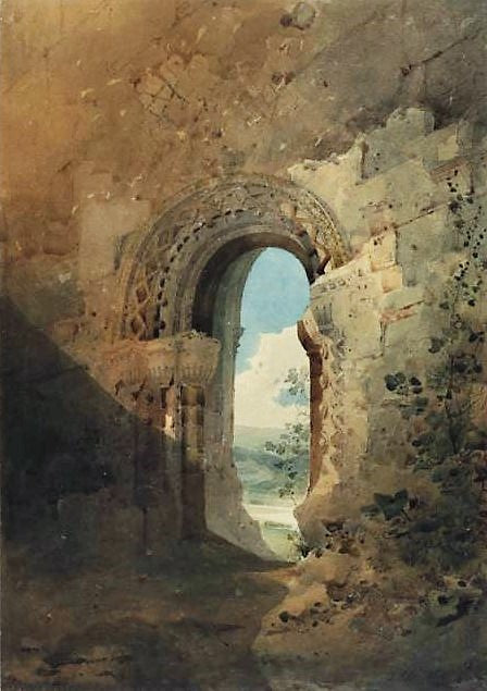 Doorway to the refectory, Kirkham Priory, Yorkshire, vintage artwork by John Sell Cotman, 12x8" (A4) Poster