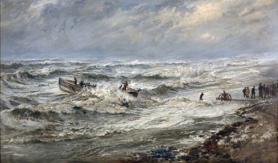 Launching the Lifeboat off Coast of Cumberland, vintage artwork by Henry Moore, 12x8" (A4) Poster