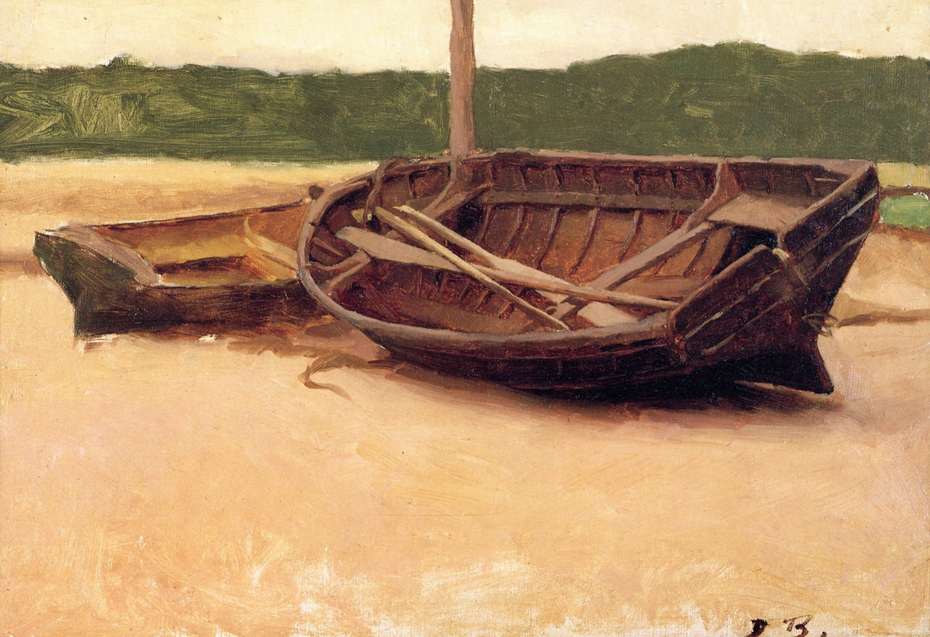 Dories on a Beach, vintage artwork by Dennis Miller Bunker, 12x8" (A4) Poster