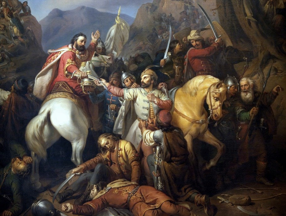 Dezso Sacrifices His Life for King Charles Robert, vintage artwork by József Molnár, A3 (16x12") Poster Print