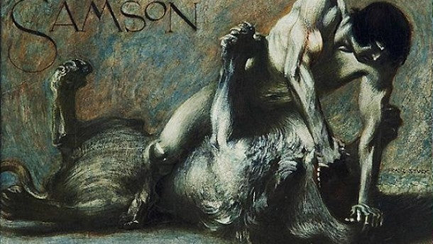 Samson. Der Kampf mit dem Löwen, vintage artwork by Franz von Stuck, 12x8" (A4) Poster