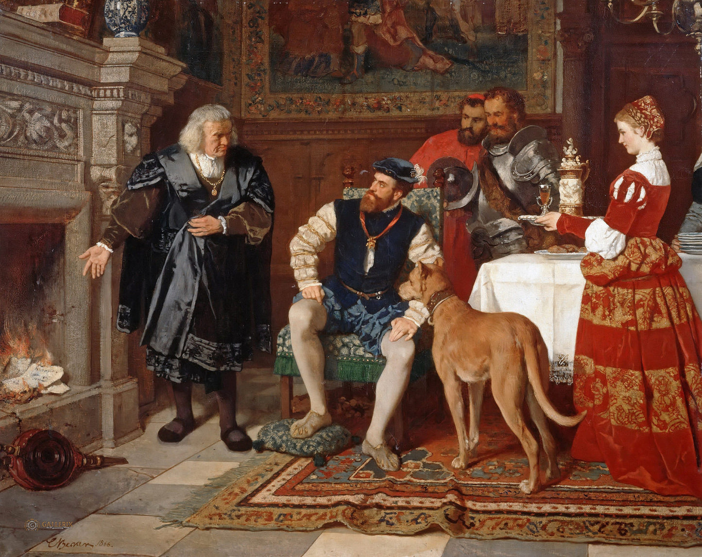 Jakob Fugger Burns the Notes of Charles V, vintage artwork by Carl Ludwig Friedrich Becker, A3 (16x12") Poster Print