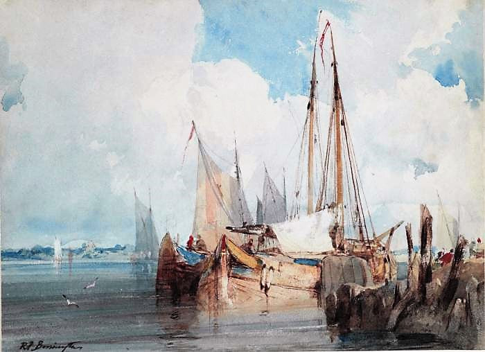 Fishing Boats moored in an Estuary, vintage artwork by Richard Parkes Bonington, A3 (16x12") Poster Print