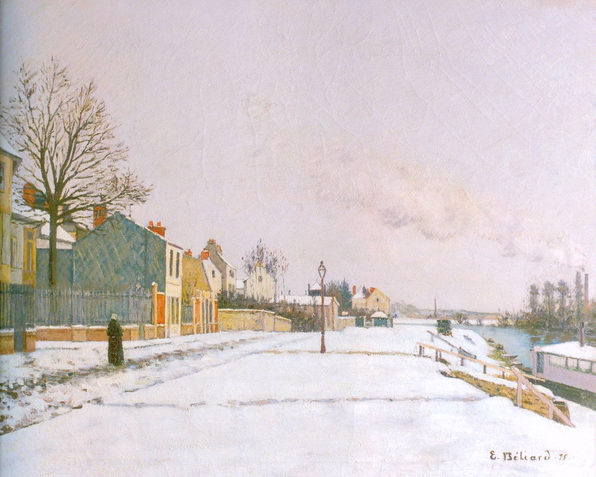 Pontius Quay, Pontoise, Snow, vintage artwork by Edmond Joseph Beliard, 12x8" (A4) Poster