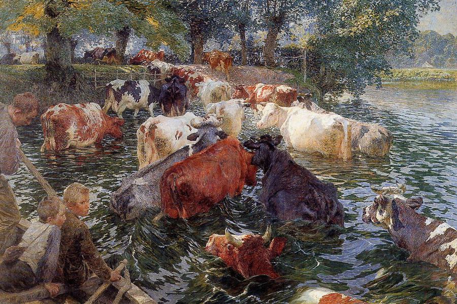 Cows Crossing the Lys River, vintage artwork by Emile Claus, 12x8" (A4) Poster